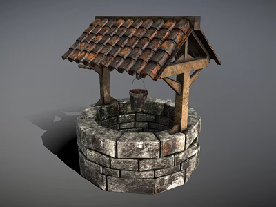 Public Well With Stone Circular Structure And Wooden Tiled Roof Hanging Bucket 3d model