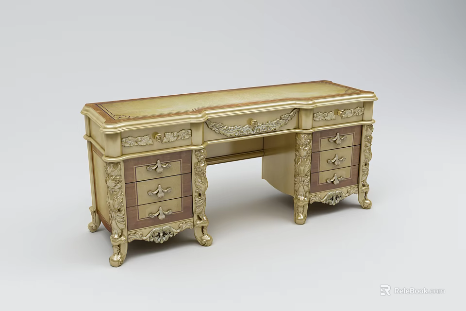 Antique Carved Dresser With Ivory And Brown Finish Curved Legs And Drawers 3d model 