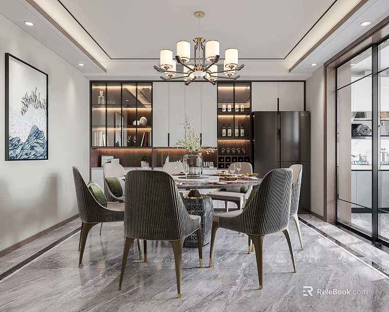 Elegant Modern Restaurant Interior With Dining Table Chairs Pendant Lighting Wine Cabinet And Wall Art 3d model 