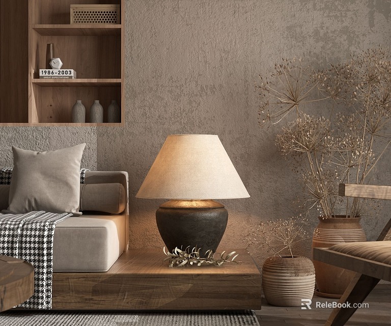 Table Lamp In Natural Style On Wooden Shelf With Sofa Pillow And Dried Plants 3d model 