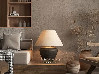 Table Lamp In Natural Style On Wooden Shelf With Sofa Pillow And Dried Plants 3d model