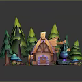 Enchanting Natural Scene With Pine Trees Wooden Cottage Mushrooms Grassy Path And Magic Cauldron