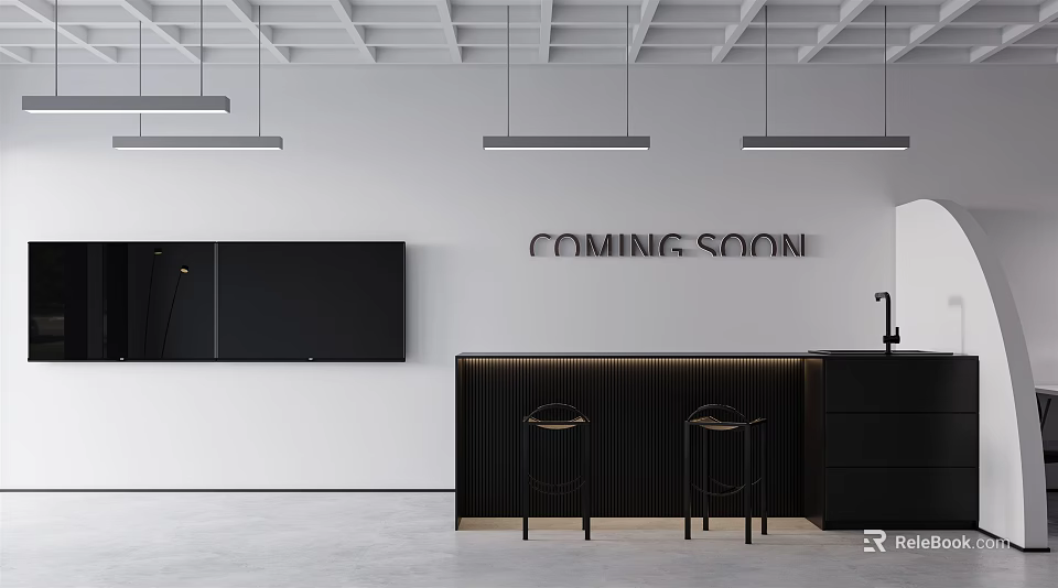 Modern Public Office Space Design With Pendant Lights Black Bar And High Stools 3d model 
