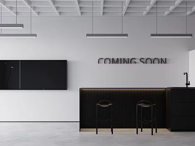 Modern Public Office Space Design With Pendant Lights Black Bar And High Stools 3d model
