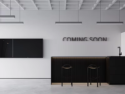 Modern Public Office Space Design With Pendant Lights Black Bar And High Stools 3d model