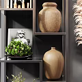 Elegant Modern Decorative Cabinet With Shelves Vases Green Plants Artworks And Lamps