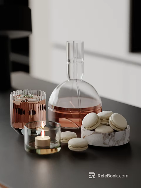 Delicious Macarons In Marble Bowl With Drink And Candle 3d model 