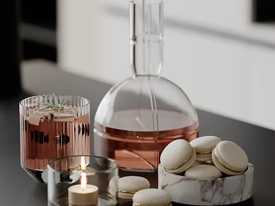 Delicious Macarons In Marble Bowl With Drink And Candle 3d model