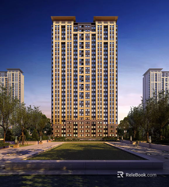 Modern High Rise Residential Building With Green Spaces And Trees 3d model 