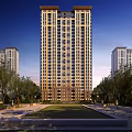 Modern High Rise Residential Building With Green Spaces And Trees