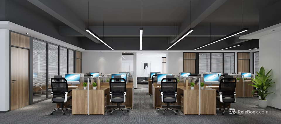 Modern Office Open Workspace With Desks Chairs Computers Green Plants Partitions And Large Windows 3d model 