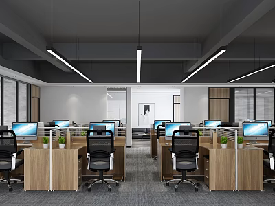 Modern Office Open Workspace With Desks Chairs Computers Green Plants Partitions And Large Windows 3d model
