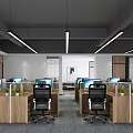 Modern Office Open Workspace With Desks Chairs Computers Green Plants Partitions And Large Windows
