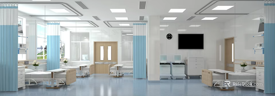 Hospital Outpatient Clinic Interior With Ceiling Lights Partition Curtains Clock Monitor Tables Chairs And White Cabinets 3d model 