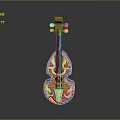 Household Decorative String Instrument With Artistic Brown Blue Gold Ornate Design
