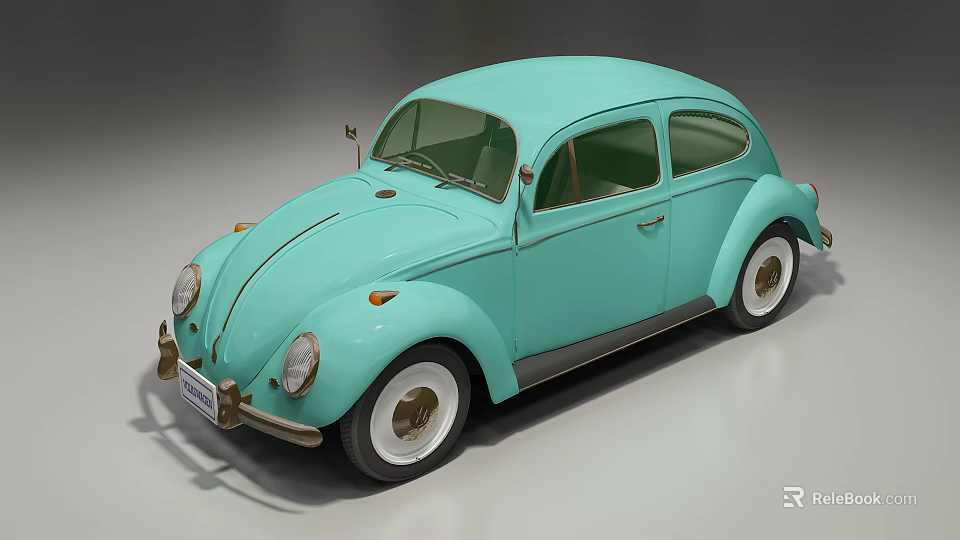 Light Blue Vintage Volkswagen Beetle Car With Classic Retro Design And White Wheels 3d model 
