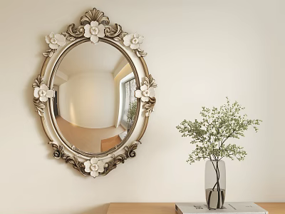 Ornate Oval Mirror with Floral Decorations Hanging on Light Wall Beside Green Plant Vase 3d model