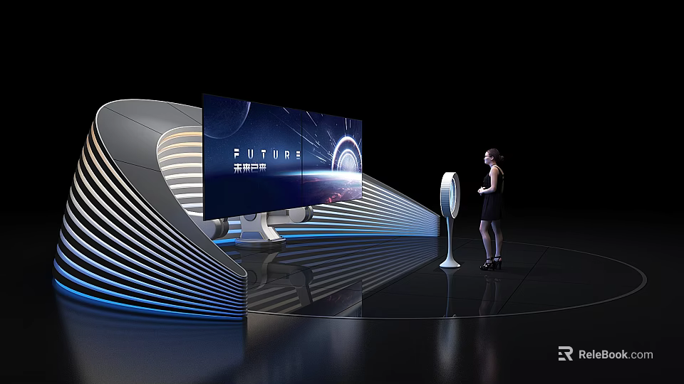 Futuristic Display Scene With Woman Standing Near Large Screen And Fan Shaped Device 3d model 