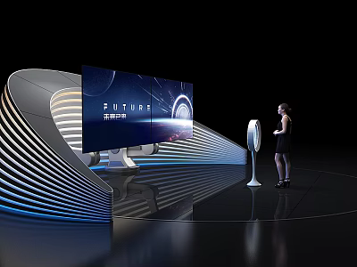 Futuristic Display Scene With Woman Standing Near Large Screen And Fan Shaped Device 3d model