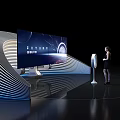 Futuristic Display Scene With Woman Standing Near Large Screen And Fan Shaped Device