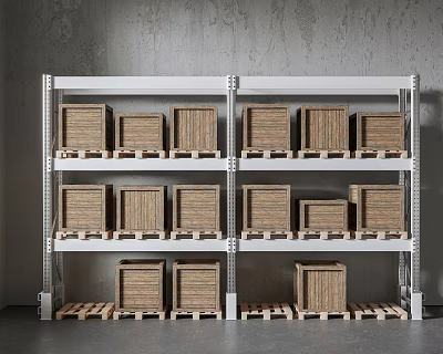 Multi Tier Metal Storage Shelving Unit For Industrial Storage With Wooden Crates On Pallets 3d model