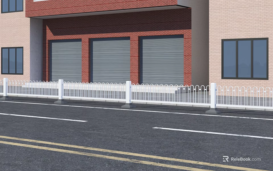 White Metal Fence Along Roadside With Red Brick Building And Roller Doors 3d model 