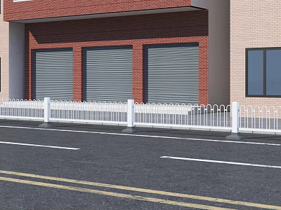 White Metal Fence Along Roadside With Red Brick Building And Roller Doors 3d model