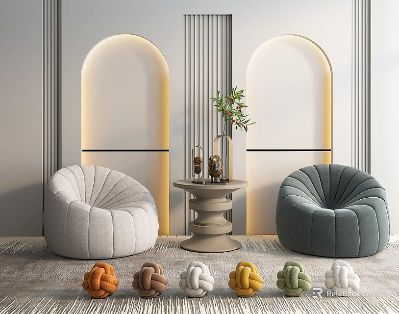 Modern Leisure Sofa Combination With Light Dark Gray Armchairs Round Coffee Table And Colorful Woven Decorations 3d model 