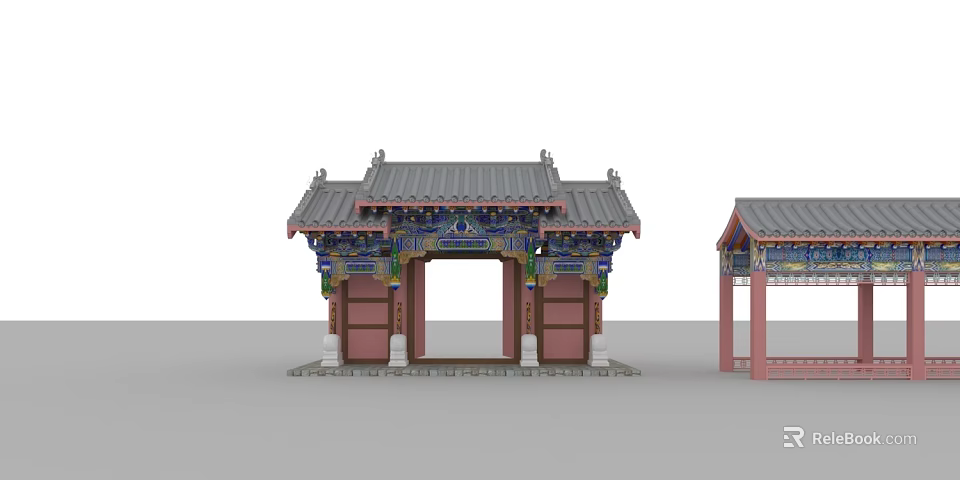 Ancient Chinese Architecture Traditional Gateway With Gray Tiled Roof And Colorful Painted Beams 3d model 