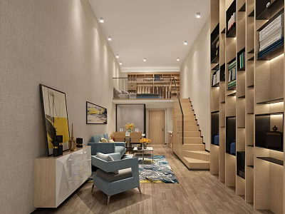 Modern Living Room With Light-colored Walls Wooden Floors Blue Sofa Bookshelves Staircase And Recessed Lighting 3d model