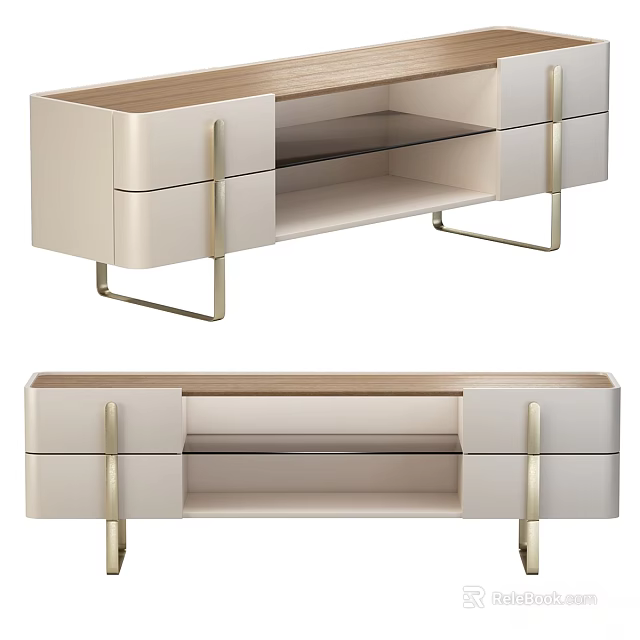 Beige TV Stand With Wooden Top Gold Metal Legs And Open Shelf Drawers 3d model 