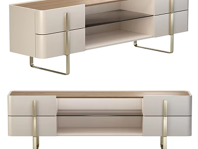 Beige TV Stand With Wooden Top Gold Metal Legs And Open Shelf Drawers 3d model