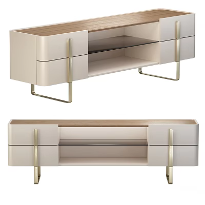 Beige TV Stand With Wooden Top Gold Metal Legs And Open Shelf Drawers 3d model