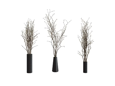 Three Black Vases With Small Twigs And Decorative Plants 3d model