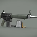 Military Rifle With Green Stock Black Components Magazines And Bullets On Gray Surface