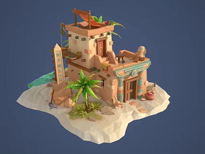 Cartoon Desert Scene With Building Tower Palm Tree Flag Pottery And Sandy Ground 3d model