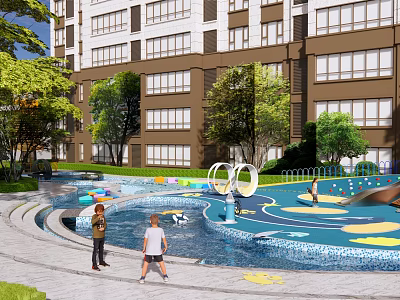 Outdoor Children's Play Area With Colorful Ground Slides And Green Trees Near Building 3d model