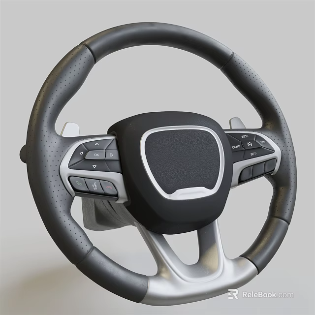 Modern Car Steering Wheel With Leather Grip Silver Accents And Control Buttons 3d model 