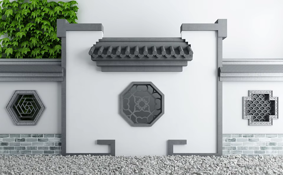 Traditional Chinese Garden Wall Featuring Gray Roof Decoration White Surface Octagonal Carved Pattern Green Plants 3d model 