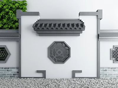 Traditional Chinese Garden Wall Featuring Gray Roof Decoration White Surface Octagonal Carved Pattern Green Plants 3d model