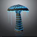 Glowing Mushroom Like Plant With Blue Bioluminescent Dripping Cap And Striped Stem