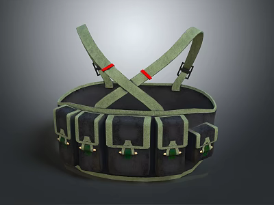 Durable Circular Tool Bag With Green Crossed Straps And Multiple Pockets 3d model