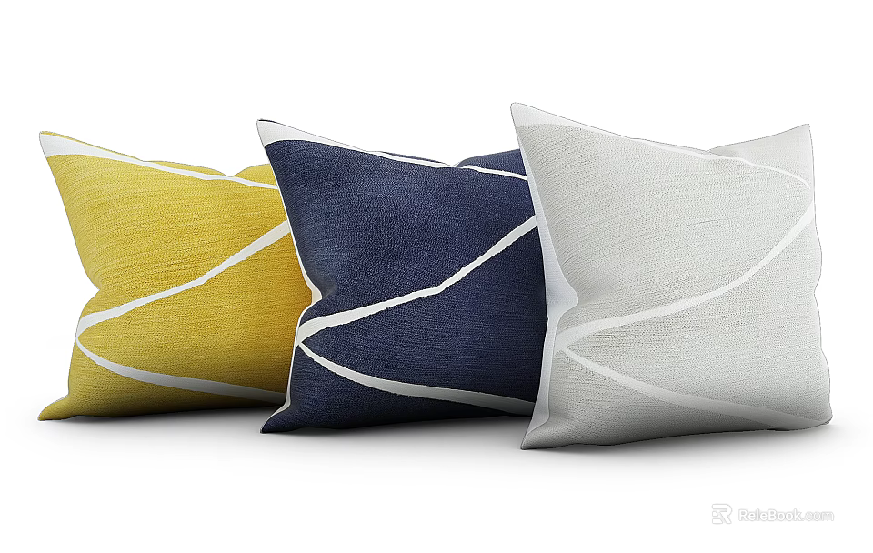Stylish Decorative Throw Pillows In Yellow Navy Blue Light Gray With White Line Patterns 3d model