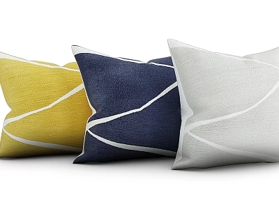 Stylish Decorative Throw Pillows In Yellow Navy Blue Light Gray With White Line Patterns 3d model
