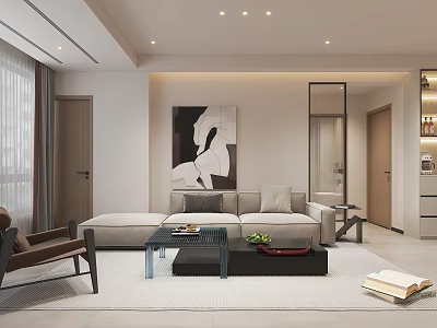 Modern Living And Dining Room Interior Design With Sofa Coffee Table Artwork And Curtains 3d model