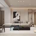 Modern Living And Dining Room Interior Design With Sofa Coffee Table Artwork And Curtains