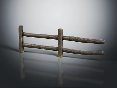 Wooden Fence with Two Horizontal Rails Two Vertical Posts Yellow Base on Reflective Gray Surface 3d model