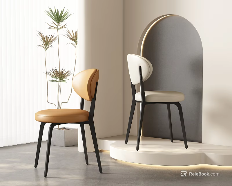 Modern Dining Chairs With Brown White Leather Seats In Interior With Plant And Arched Decor 3d model 