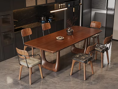Modern Wooden Dining Table Set With Upholstered Chairs And Dark Cabinets 3d model