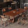 Modern Wooden Dining Table Set With Upholstered Chairs And Dark Cabinets